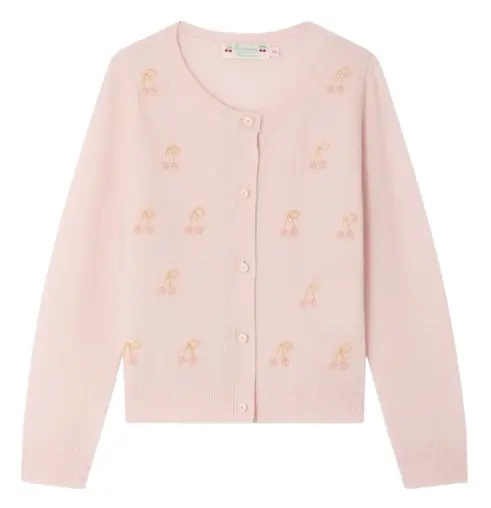 Cardigan Marisha rosa con ciliegie e perle ricamate a mano in cashmere