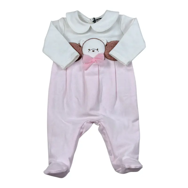 Ciccino Tutina Bicolore con Ricami Bianco/Rosa per Neonata