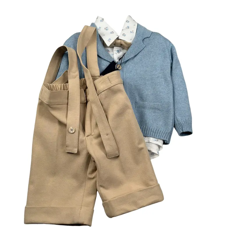 Colori Chiari Completo 4 Pezzi Camicia-Papillon-Bermuda-Cardigan Azzurro per Neonato
