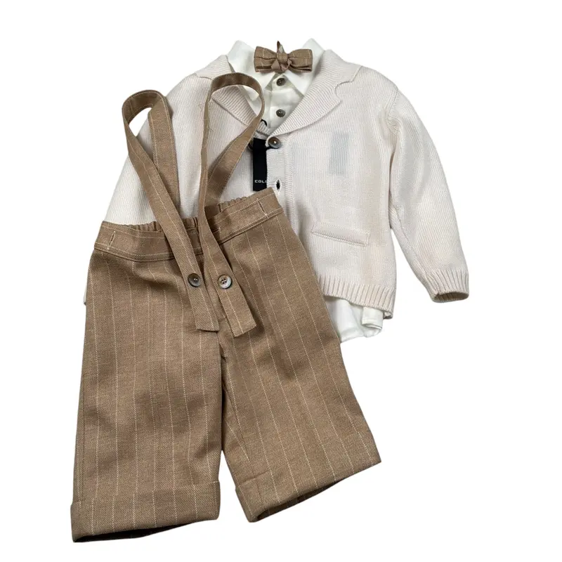 Colori Chiari Completo 4 Pezzi Camicia-Papillon-Bermuda-Cardigan Panna per Neonato