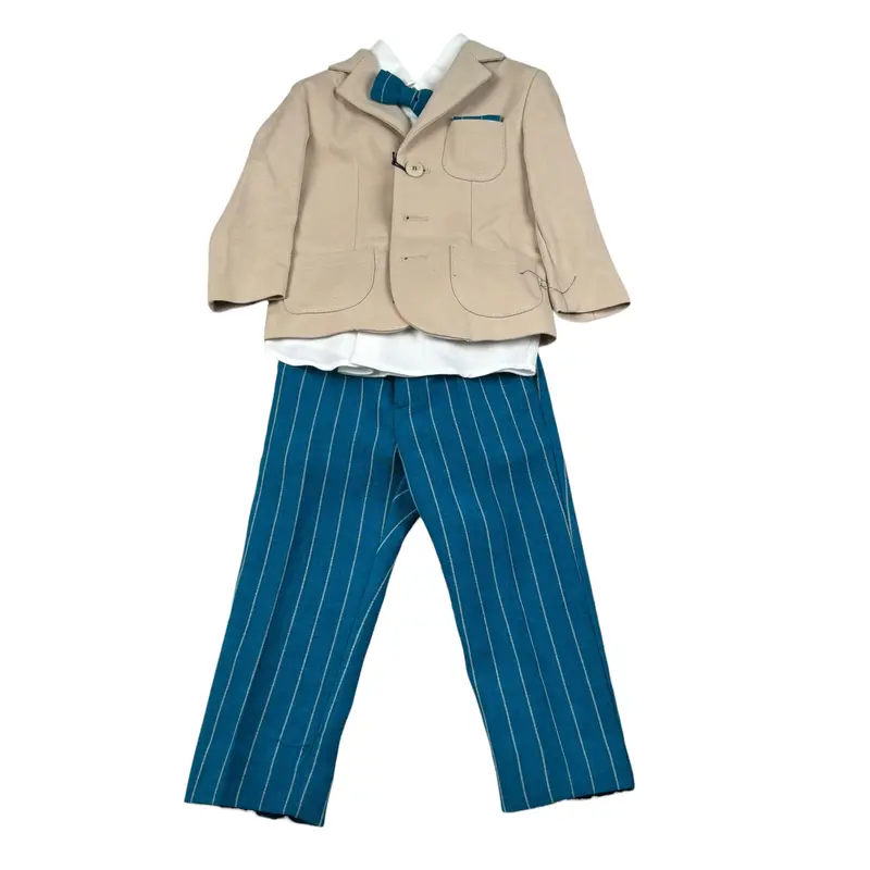 Colori Chiari Completo 4 Pezzi Giacca-Camicia-Papillon-Pantalone con Bretelle Beige per Neonato