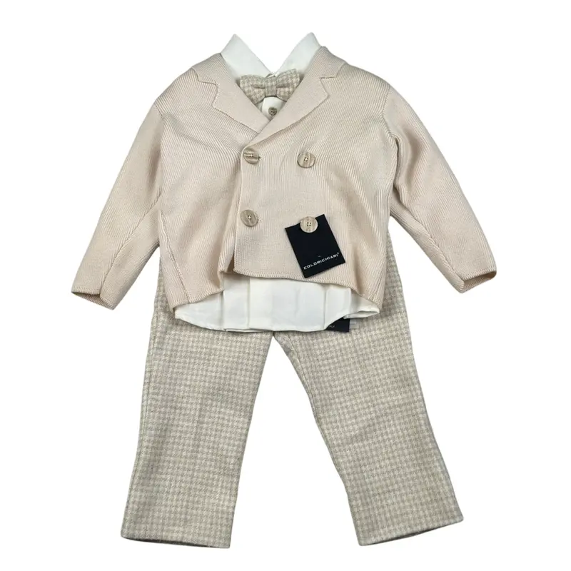 Colori Chiari Completo 4 Pezzi Giacca-Camicia-Papillon-Pantalone Panna per Neonato