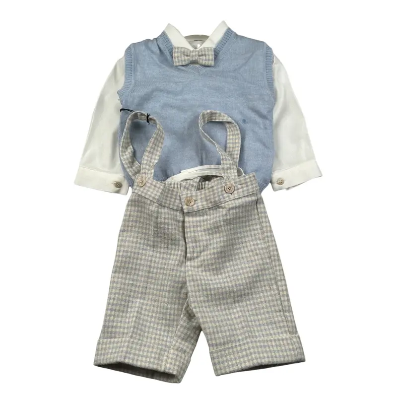 Colori Chiari Completo 4 Pezzi Gilet-Camicia-Papillon-Pantalone Azzurro per Neonato