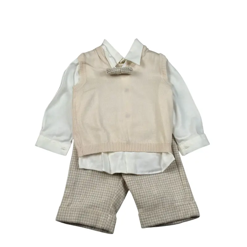 Colori Chiari Completo 4 Pezzi Gilet-Camicia-Papillon-Pantalone Panna per Neonato