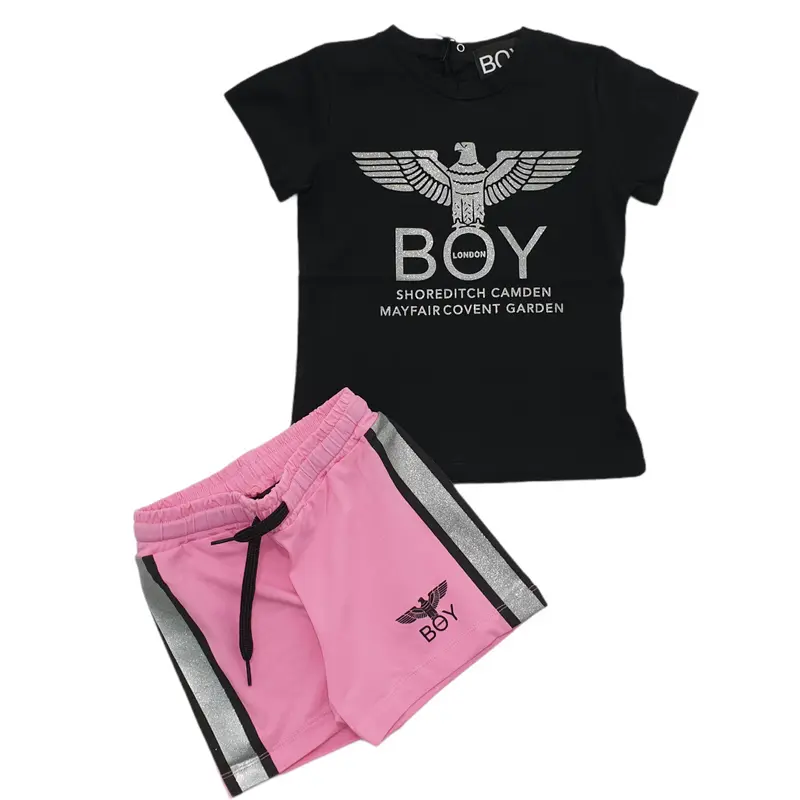 Completo bambina Boy London maglia nera glitter e bermuda fluo