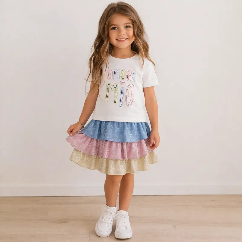 Completo bambina con gonna a balze vari colori e t-shirt coordinata