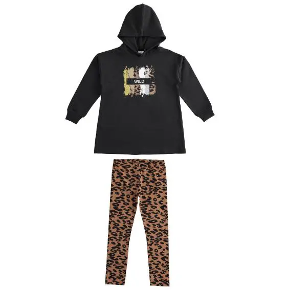 Completo bambina con maxi felpa e leggings animalier in coordinato