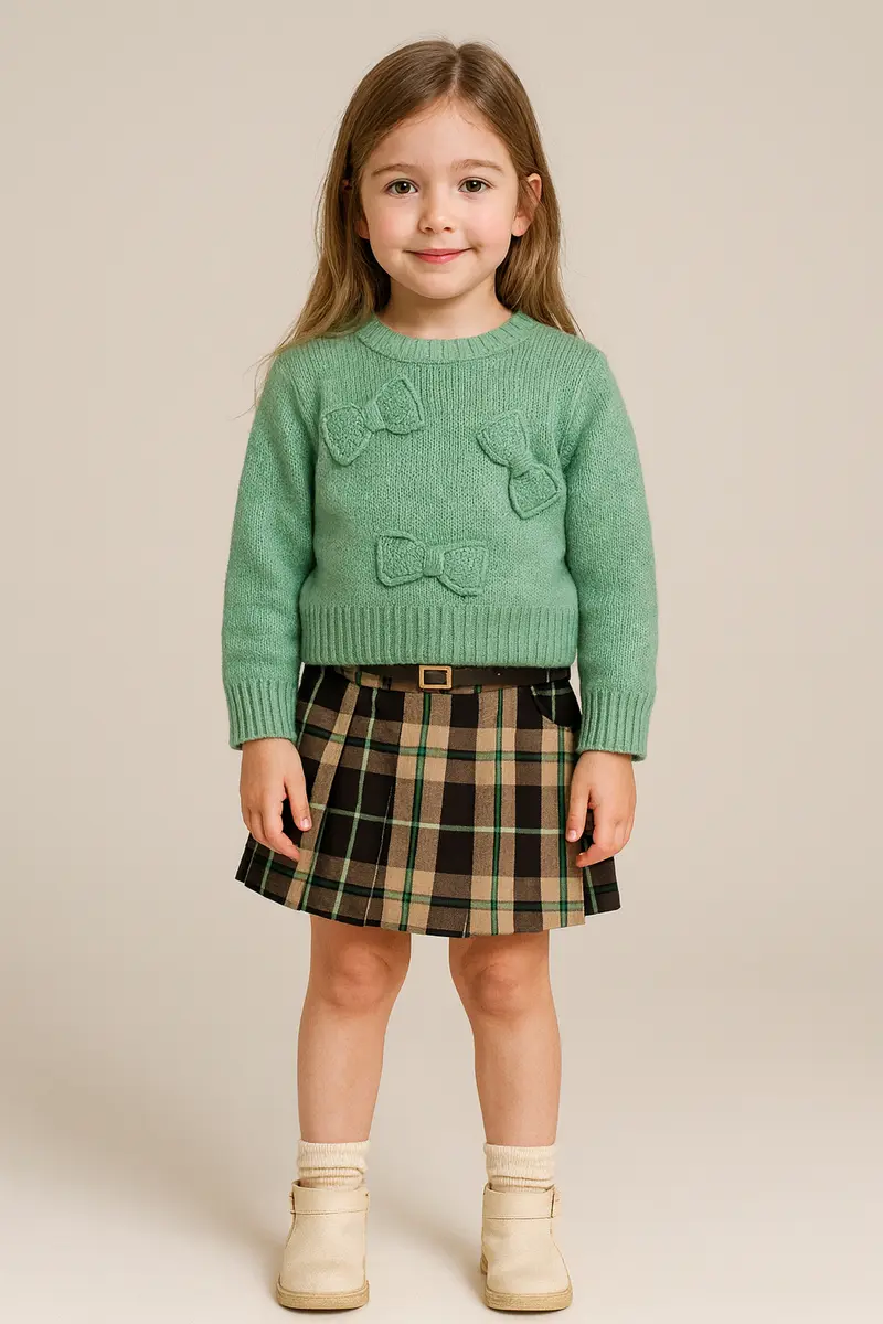 Completo bambina con pullover verde con fiocchi e gonna scozzese