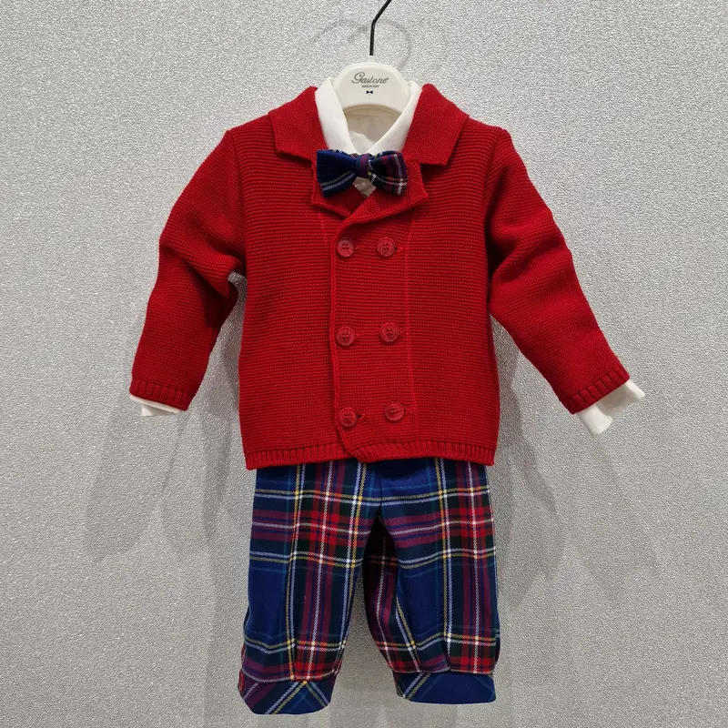 Completo bambino con pantalone scozzese e scarpe coordinate con cardigan