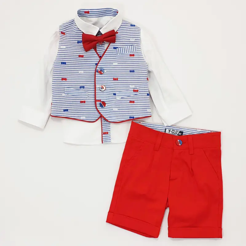 Completo bambino coordinato con camicia-bermuda rossa-gilet e papillon