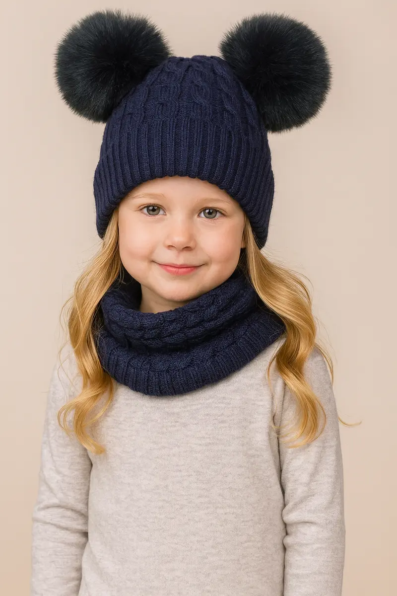 Completo BLU collo e cappello doppio pon pon