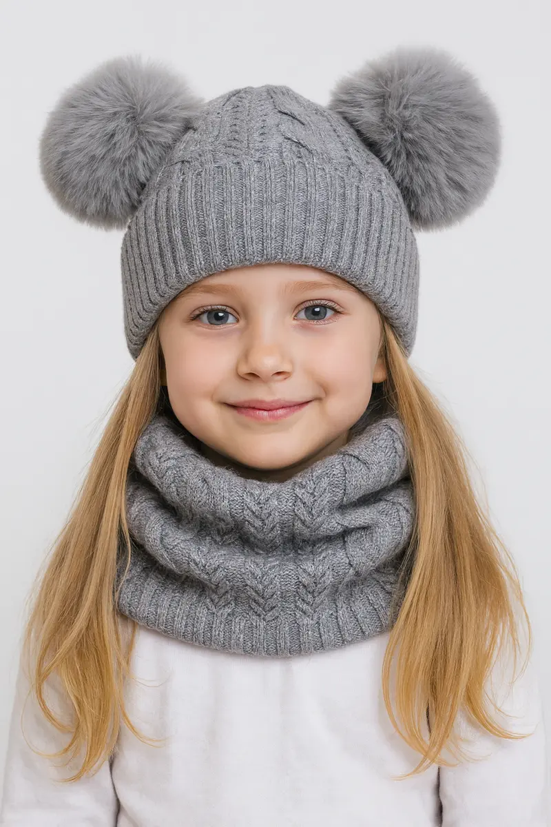 Completo GRIGIO collo e cappello doppio pon pon