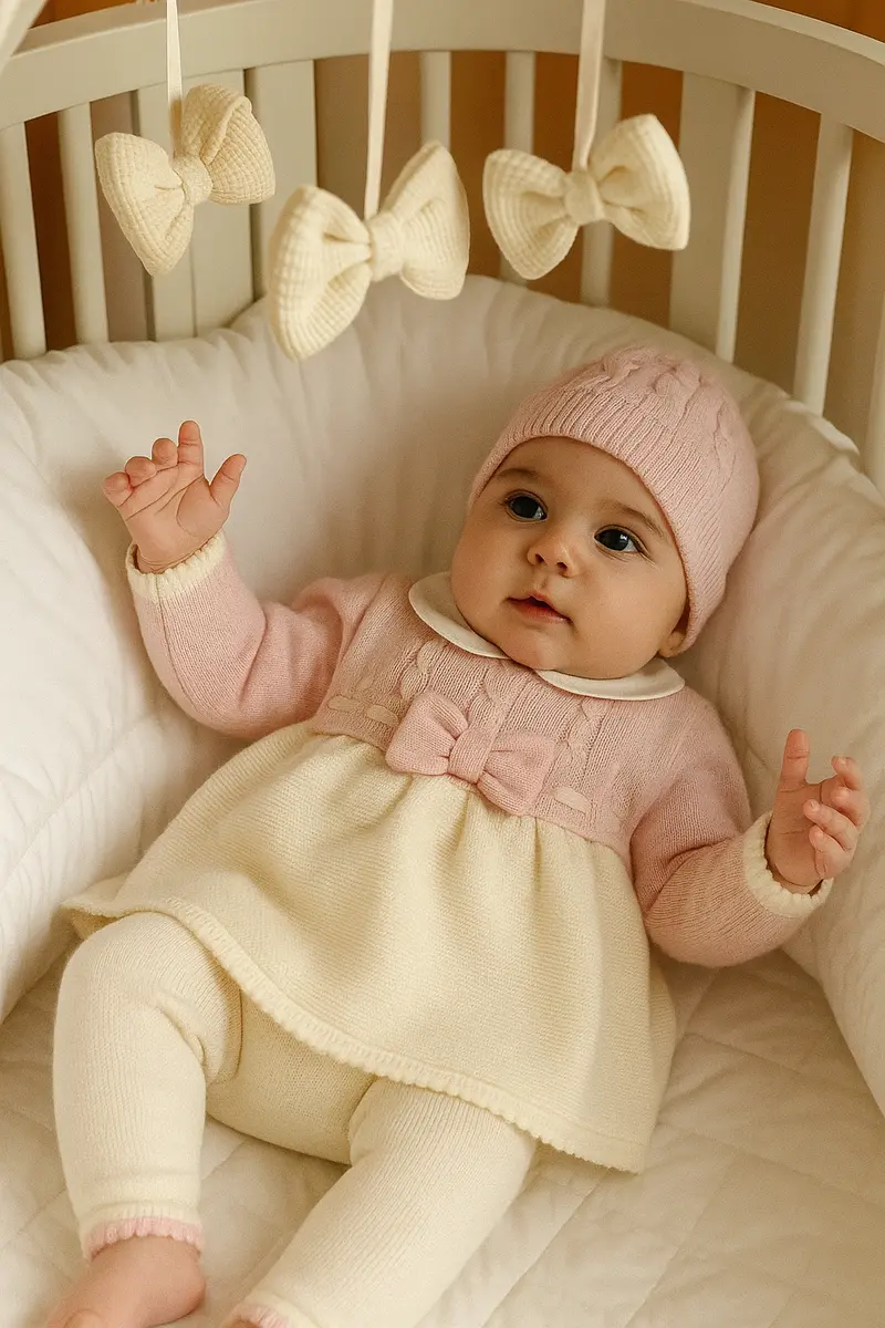 Completo neonata 100% lana con bicolore e trecce