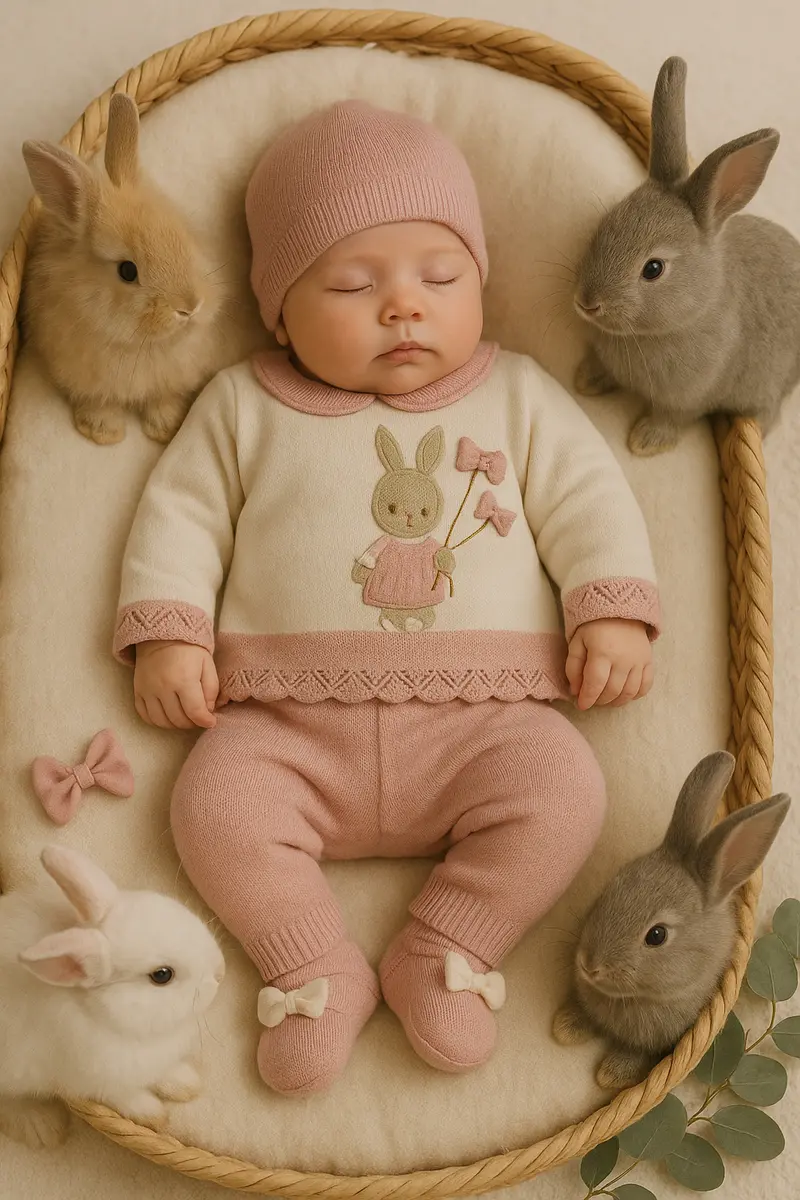 Completo neonata 100% lana con coniglietto