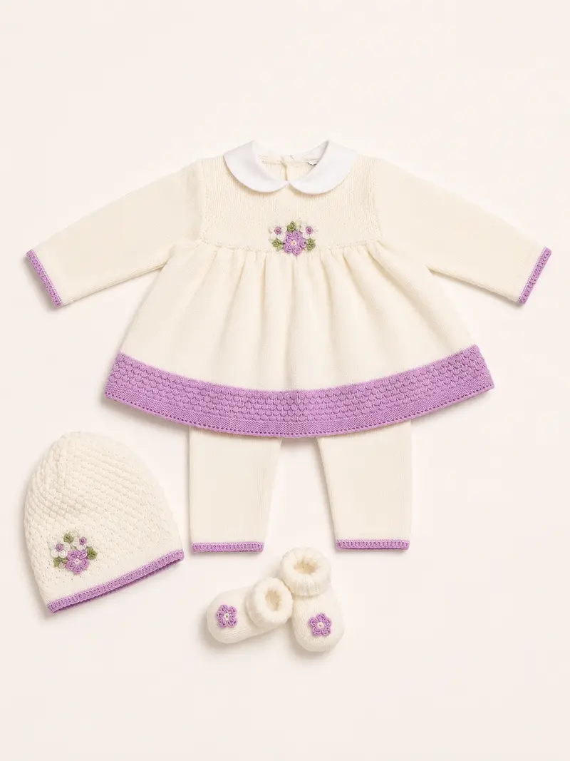 Completo neonata con cappello e babbucce 100% lana con ricamo fiori