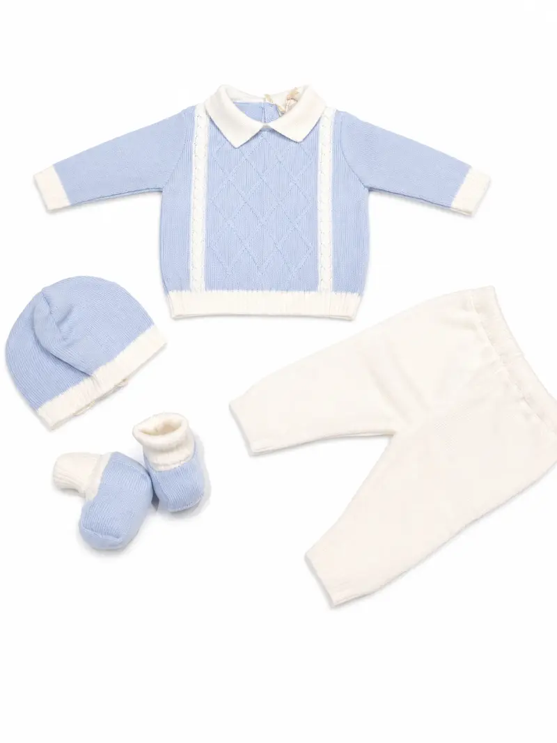 Completo neonato con cappello e babbucce 100% lana con losanghe