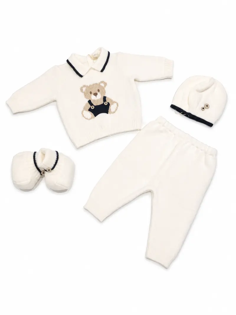 Completo neonato con cappello e babbucce 100% lana con orsetto ricamato