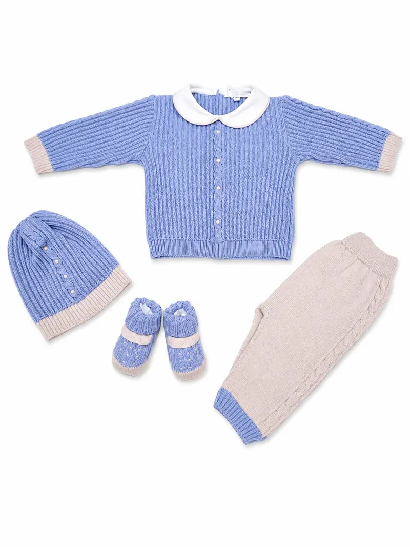 Completo neonato con cappello e babbucce 100% lana costine con treccia centrale impunturata