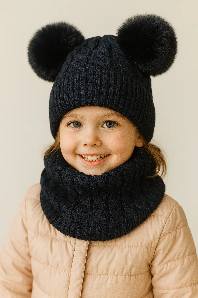 Completo NERO collo e cappello doppio pon pon