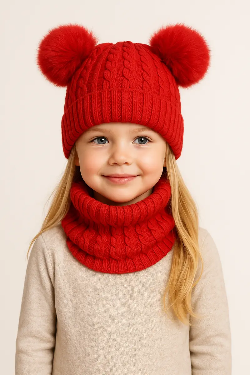 Completo ROSSO collo e cappello doppio pon pon
