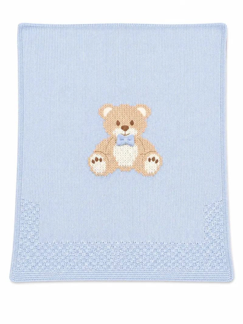Copertina neonato 100% lana con ricamo orsetto e fiocco applicato