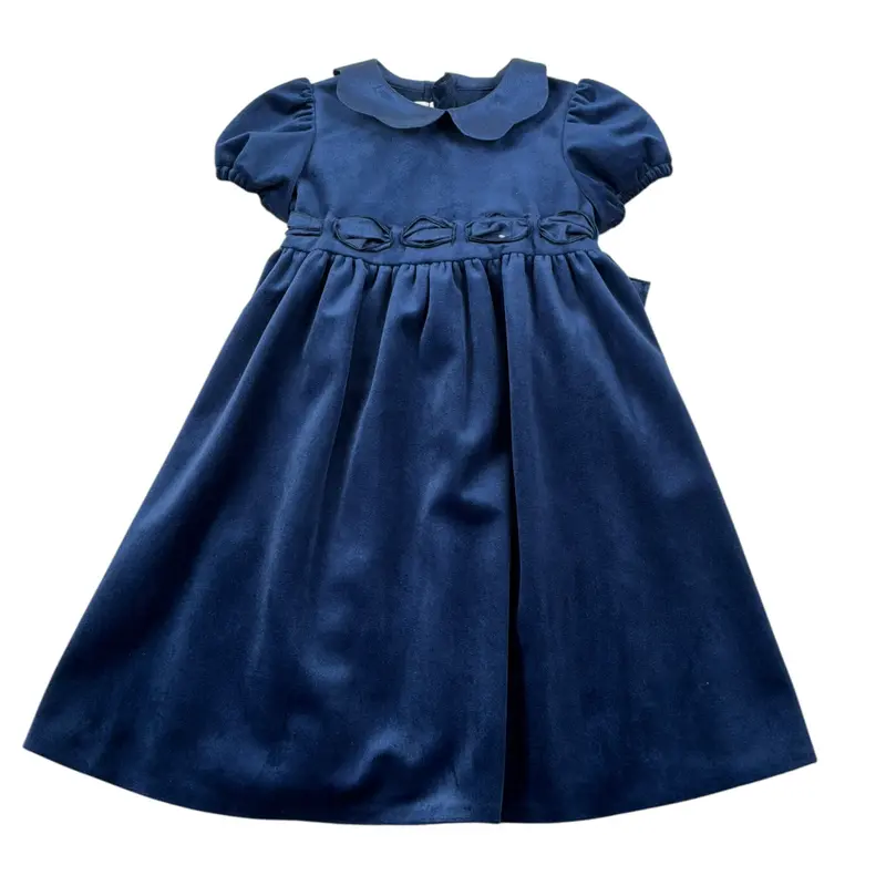 Crochette Abito Mezza Manica tinta unita In Velluto Blu per Neonata
