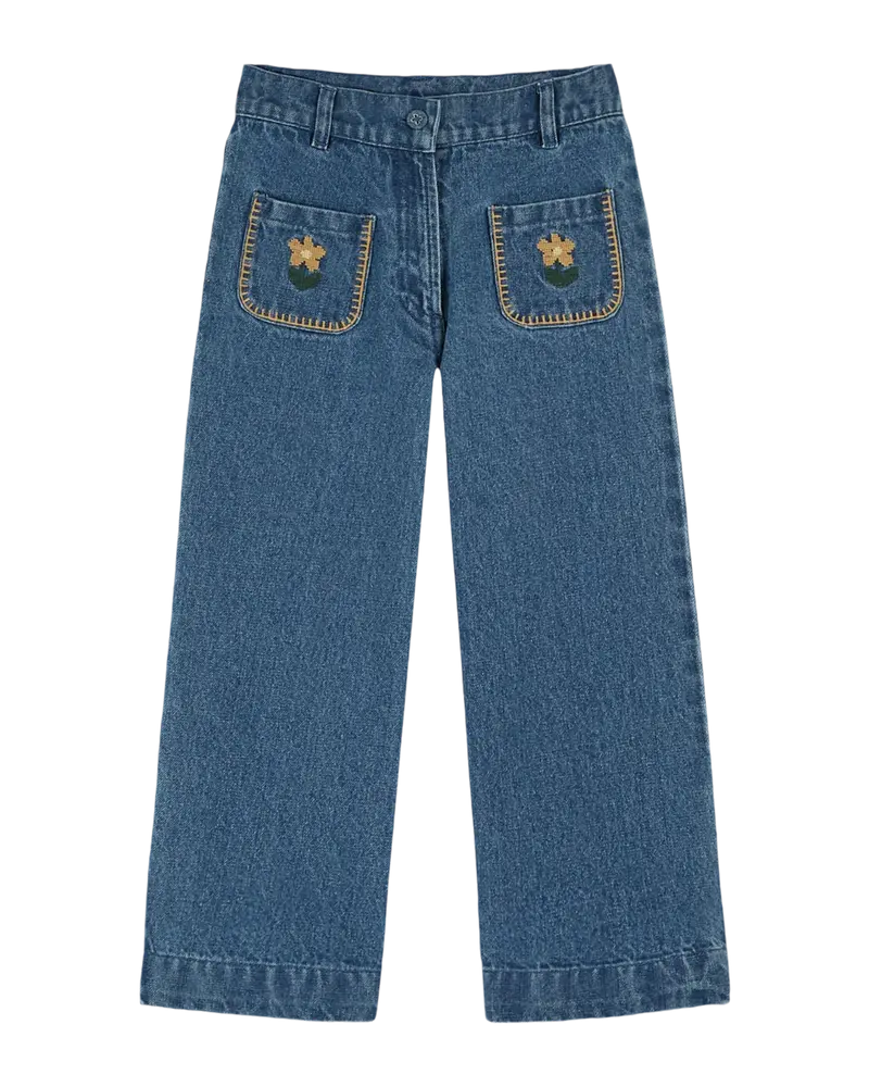 Denim embroidered flower pockets pants