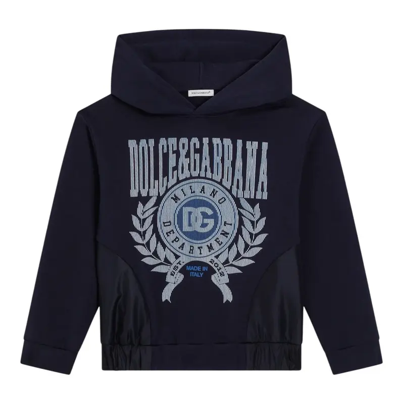 Dolce & Gabbana Felpa Chiusa con Cappuccio tinta unita con Logo Blu per Bambino