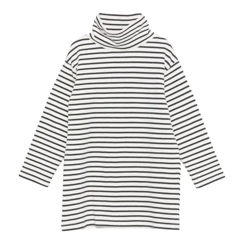 Dou Dou Abito Collo Alto Bicolore con Fantasia A Righe Bianco/Nero per Bambina