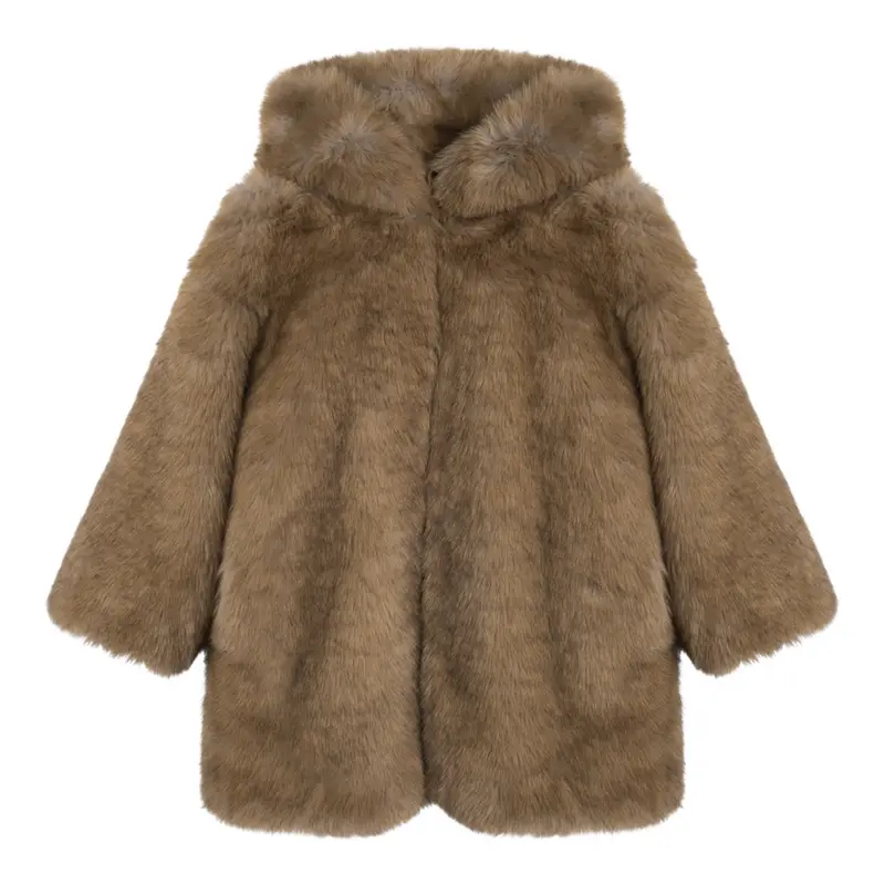 Dou Dou Pelliccia tinta unita con Cappuccio Beige per Bambina