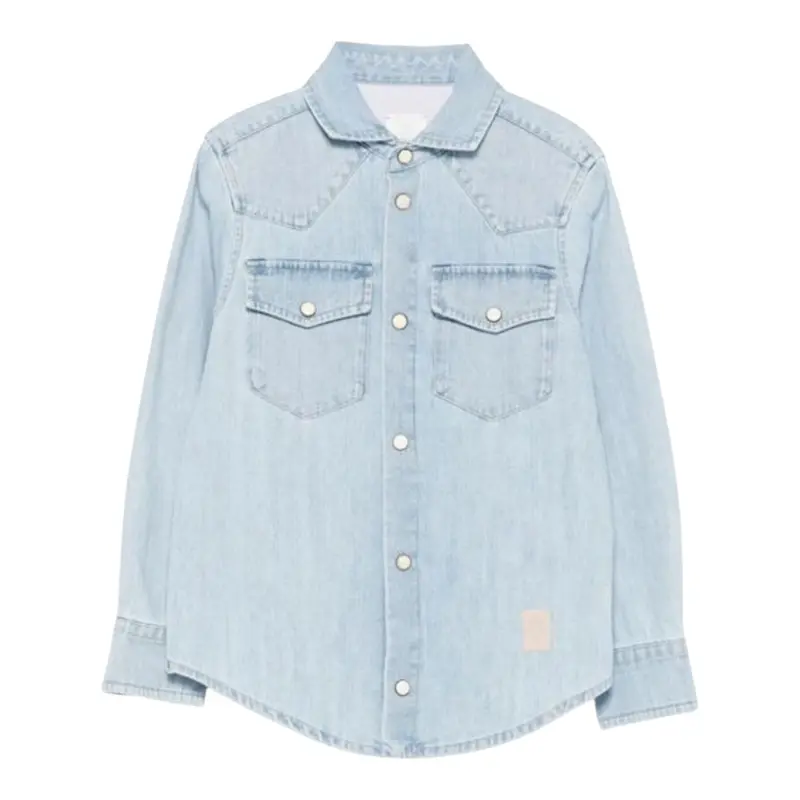 Eleventy Camicia In Denim tinta unita con Bottoni Azzurro per Bambino