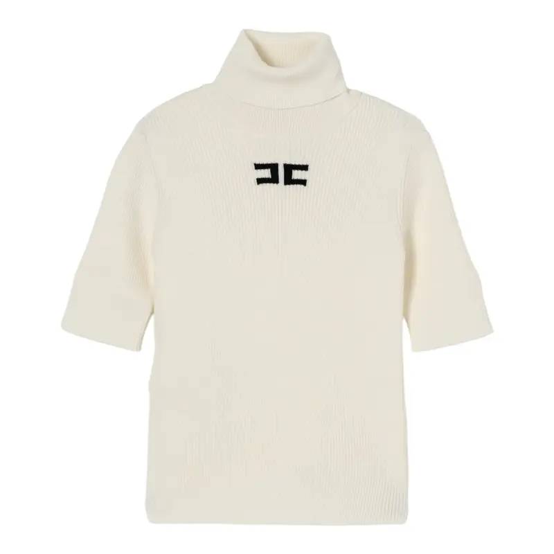Elisabetta Franchi Maglia Collo Alto tinta unita con Logo Panna per Bambina