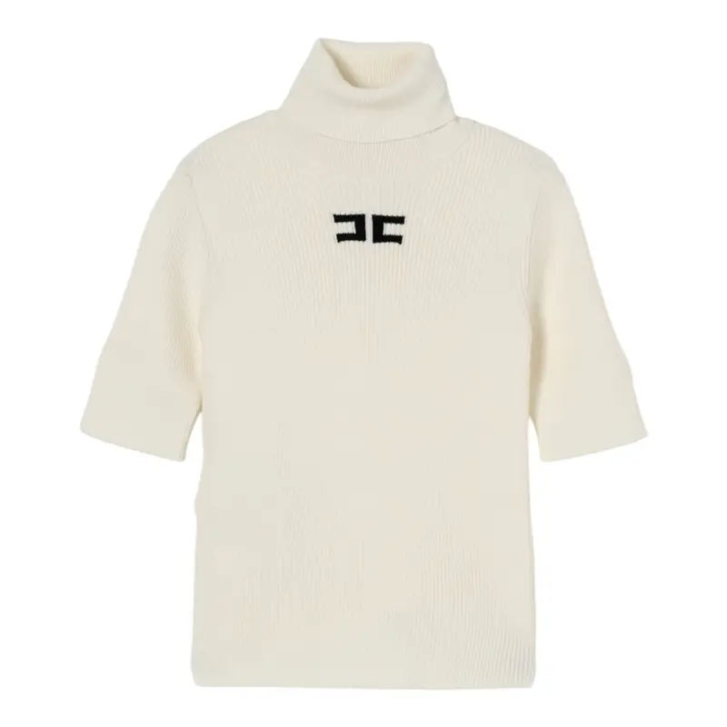 Elisabetta Franchi Maglia Collo Alto tinta unita con Logo Panna per Bambina