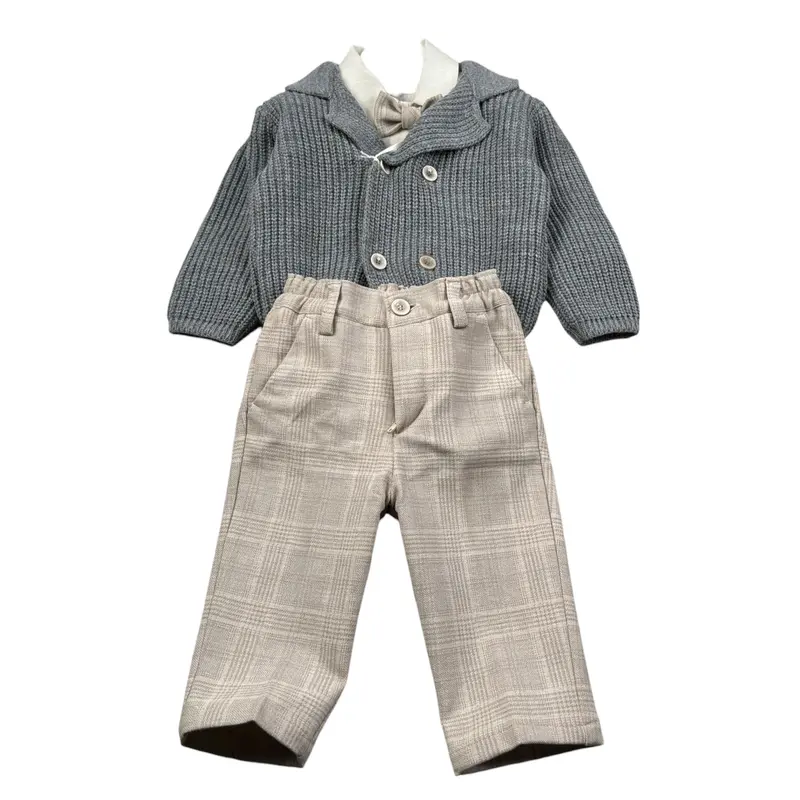 Emanuel Pris Completo 4 Pezzi Camicia Body-Cardigan-Pantalone-Papillon Grigio per Neonato