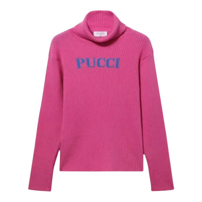 Emilio Pucci Maglia Collo Alto tinta unita con Logo Fuxia per Bambina