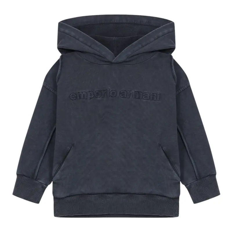 Emporio Armani Felpa tinta unita con Cappuccio E Stampa Blu per Bambino