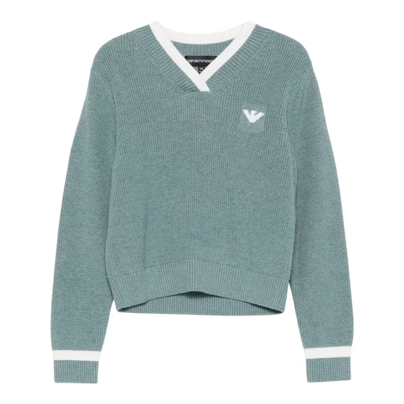 Emporio Armani Maglia tinta unita Scollo A V Verde per Bambina