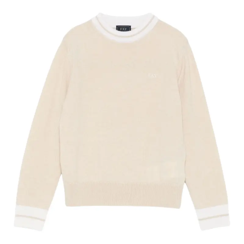 Fay Maglia Girocollo tinta unita con Logo Beige per Bambino