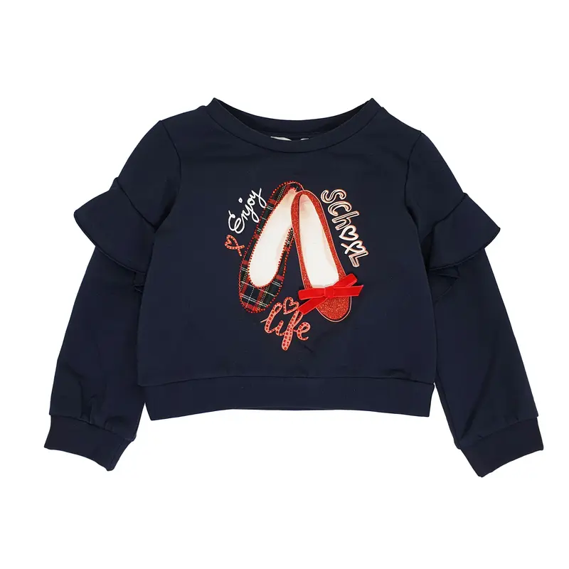 Felpa bambina con rouge su maniche e scarpette stampate sul davanti