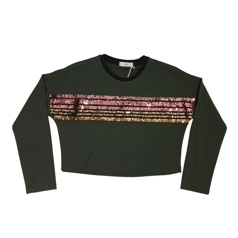 FELPA BAMBINA VERDE MILITARE CON PAILLETTE APPLICATE