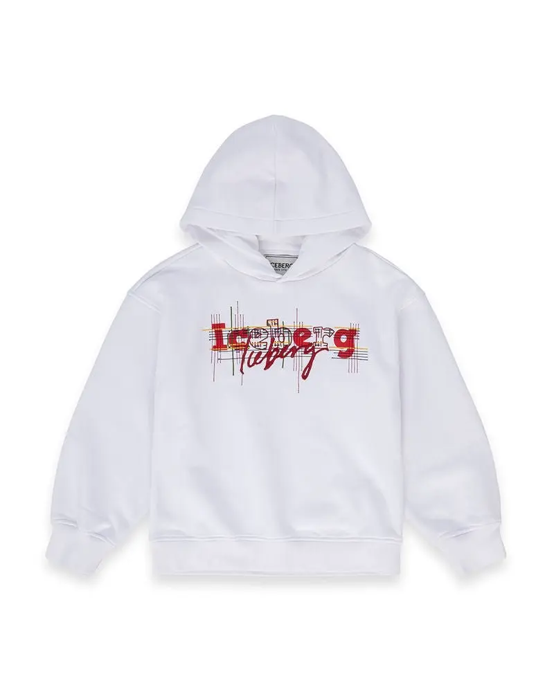 FELPA BIANCA CON CAPPUCCIO E LOGO ROSSO ICEBERG