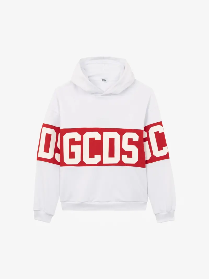 FELPA CON CAPPUCCIO BIANCA CON LOGO ROSSO-BIANCO GCDS