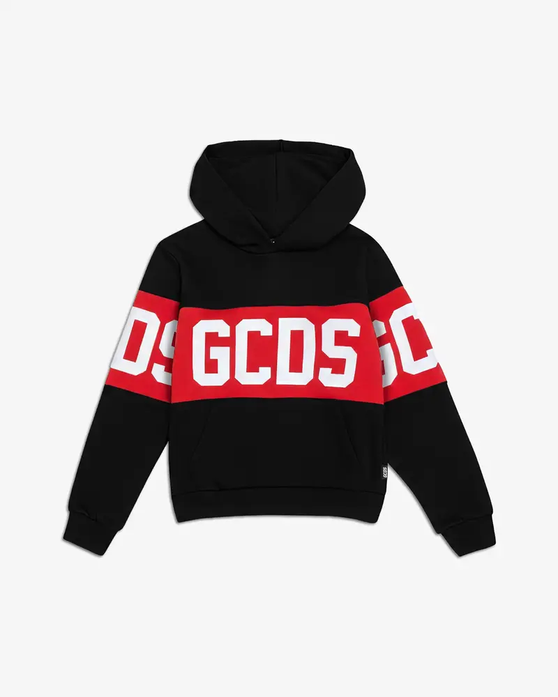 FELPA CON CAPPUCCIO NERA CON LOGO ROSSO-BIANCO GCDS
