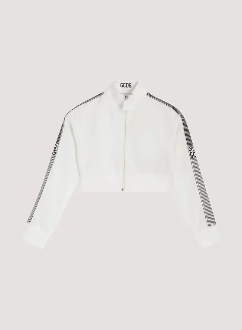 FELPA CON ZIP CROPPED BIANCA CON BANDE LATERALI LOGATE NERE GCDS