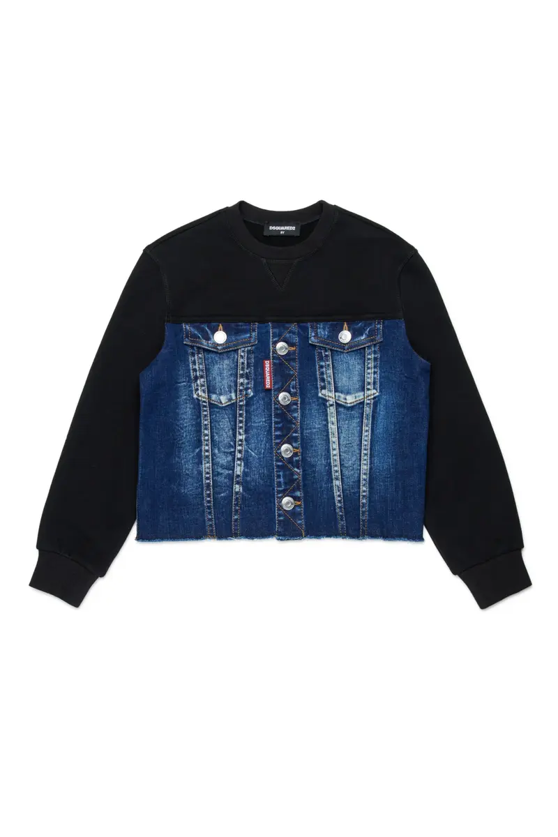 FELPA GIROCOLLO CON BUSTO IN DENIM