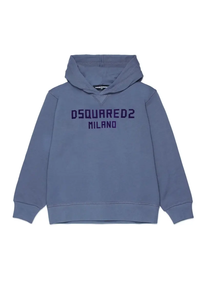 FELPA GRIGIA CON CAPPUCCIO E LOGO IN VELLUTO VIOLA DSQUARED2