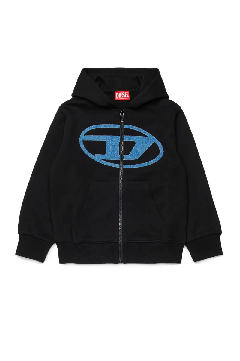 FELPA NERA CON CAPPUCCIO E ZIP CON LOGO IN DENIM DIESEL