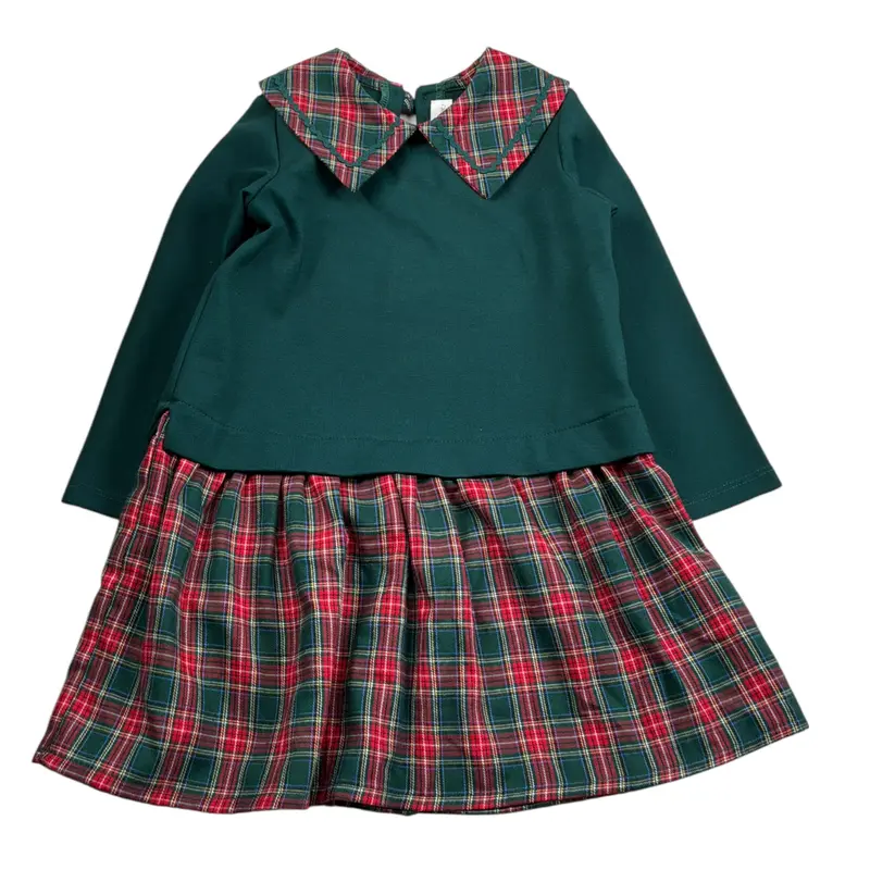 Fina Ejerique Abito Bicolore con Fantasia Scozzese Verde/Rosso per Bambina
