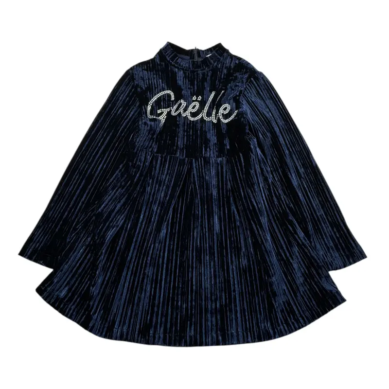 Gaelle Abito In Velluto tinta unita con Brillantini Blu per Bambina