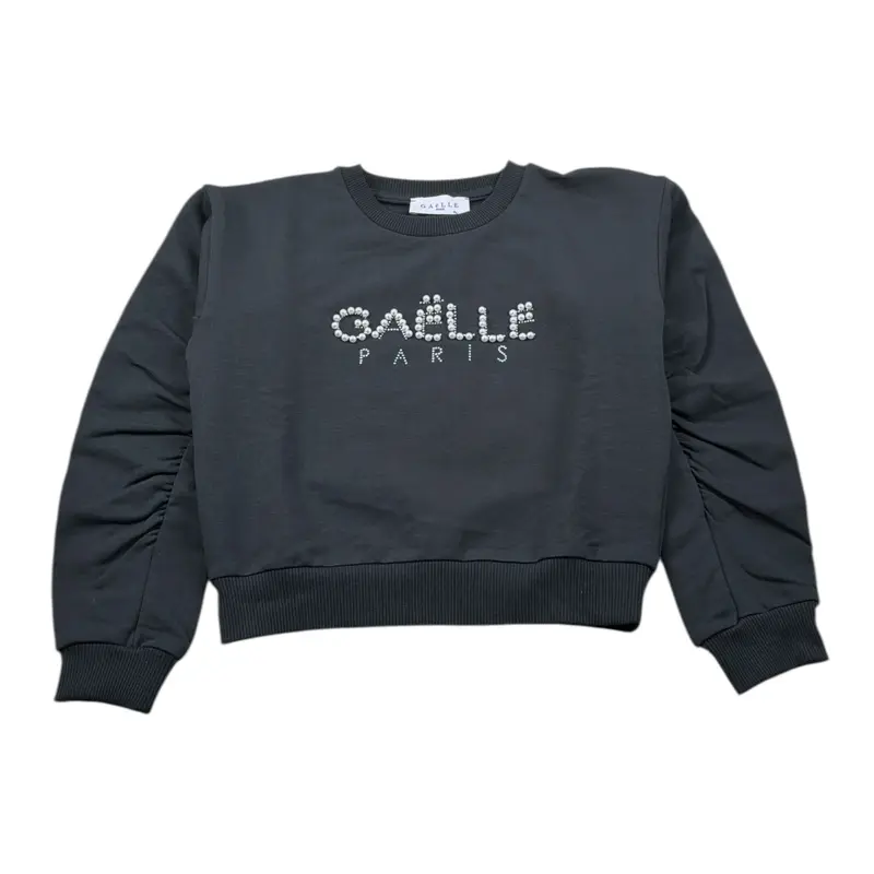 Gaelle Felpa Chiusa Girocollo tinta unita con Perle Nero per Bambina
